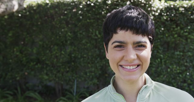 Smiling Woman with Short Hair in Garden - Download Free Stock Images Pikwizard.com