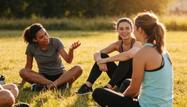 Friends chatting and smiling after outdoor workout at golden hour in sunlit meadow