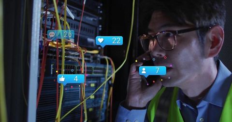 Network technician in data center using smartphone and analyzing social media