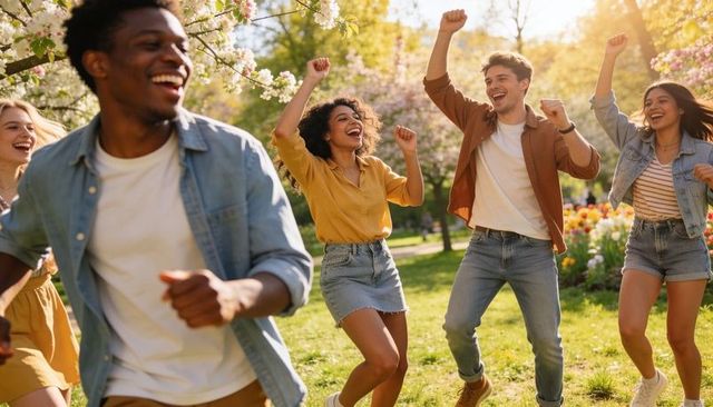 Friends dancing in spring blossom park at golden hour