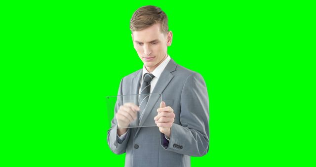 Businessman Using Transparent Tablet Technology Green Screen - Download Free Stock Images Pikwizard.com