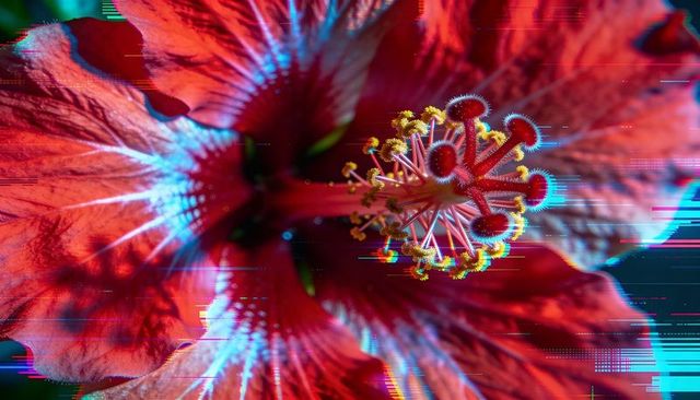 Neon glitch hibiscus closeup showing pistil, stamens and yellow pollen in cyan magenta