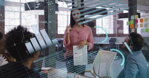 Professional Presenting Data Insights in Modern Office Environment