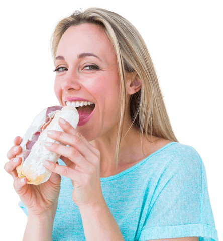 smiling blonde woman eating sandwich on transparent background - Download Free Stock Videos Pikwizard.com