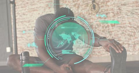 Man stretching on fitness mat with teal augmented hud showing mobility metrics and world map