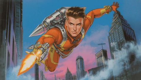 Jetpack pilot soaring over futuristic metropolis at dawn, wrist thruster firing