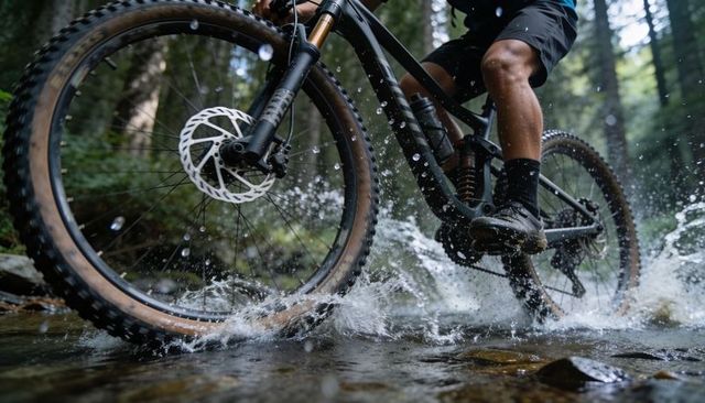 Mountain biker splashing through forest creek on knobby-tire trail bike, low-angle action