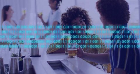People Socializing in Bar with Digital Binary Overlay