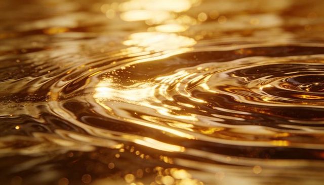 Golden rippling water closeup with shimmering concentric waves and bokeh highlights
