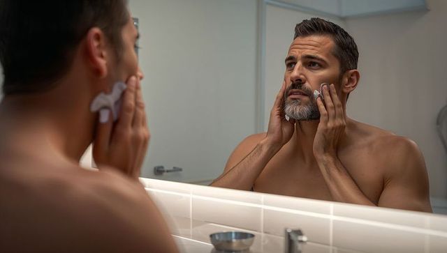 Middle-aged man applying shaving foam in bathroom mirror morning grooming routine