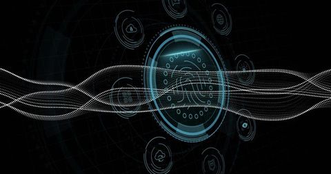 Futuristic Fingerprint Scanner with Cybersecurity Icons and Waveforms