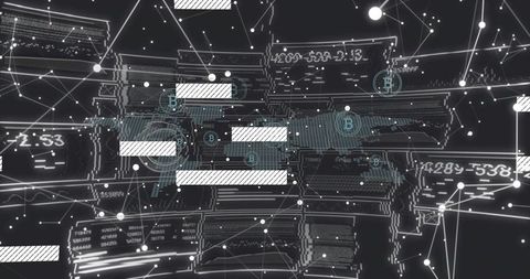 Holographic Cyber Network Visualization 3D HUD with Bitcoin Nodes and Neon Cyan Data Grid