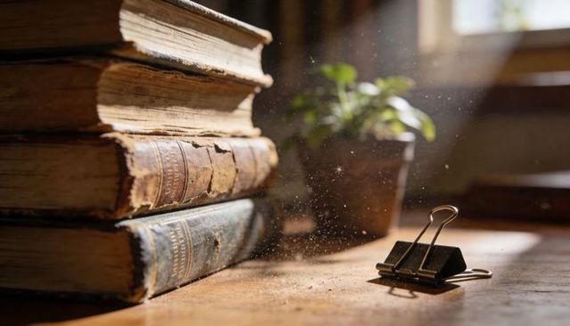 Sunlit vintage books stacked on wooden desk catching dust motes beside binder clip