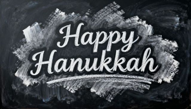 Happy hanukkah chalkboard greeting with handwritten cursive chalk script and smudges