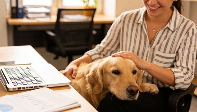 Smiling woman petting golden retriever on lap at sunny office desk with laptop and reports