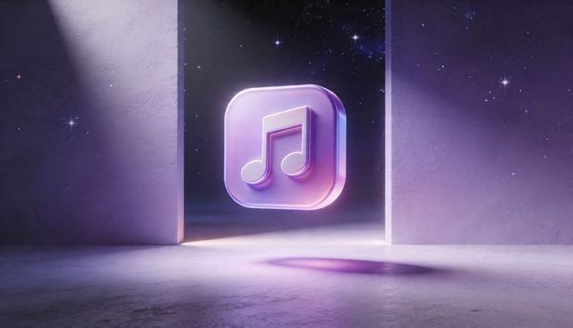 Floating holographic music icon in purple-pink ambient portal for app branding and ui