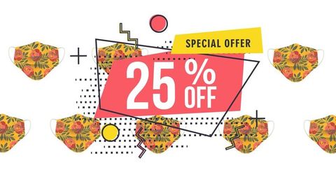 Colorful geometric promotion banner with floral pattern masks and discount