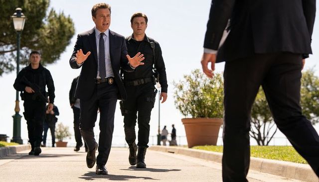 Detective walking with hands raised on waterfront promenade with tactical escorts and badge