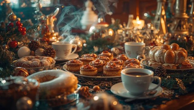 Festive Holiday Table with Pastries and Steaming Coffee Cups