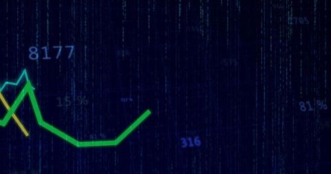 Neon data dashboard showing rising green trend line with cyan and yellow indicators