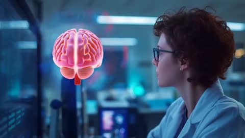Female scientist analyzing holographic 3D brain projection on monitor in high-tech lab