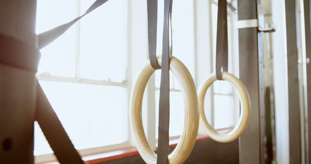 Close Up of Gymnastics Rings Hanging in Gym - Download Free Stock Images Pikwizard.com