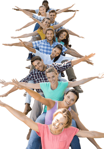 Diverse Group Celebrating with Arms Open on Transparent Background