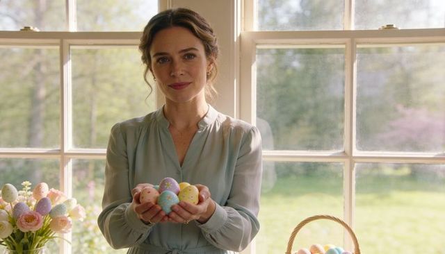 Woman presenting pastel easter eggs in sunlit window with spring flowers