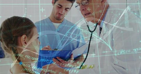 Pediatric doctor listening to child's chest, assistant taking notes, dna data overlay