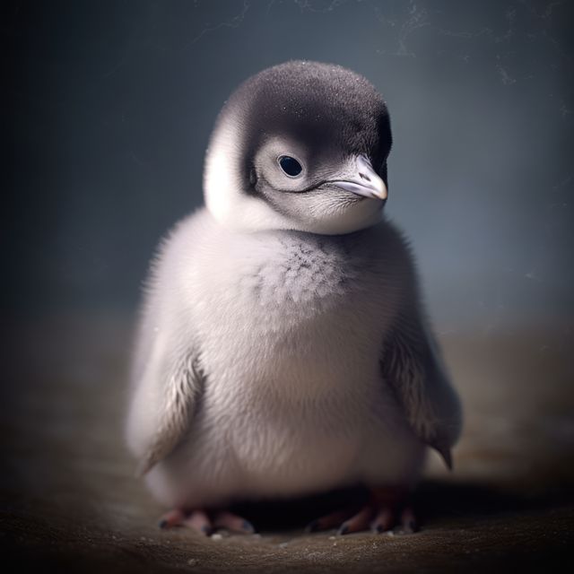 This image of an adorable baby penguin with a dark background can be used for educational materials, children's books, wildlife conservation campaigns, or animal-themed calendars. The soft lighting and cute appearance make it perfect for creating heartwarming and engaging content.