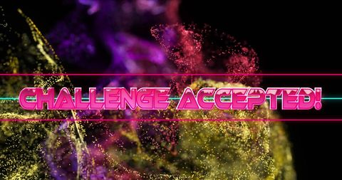 Purple and golden digital waves flow dynamically on black background, featuring 'Challenge Accepted' text in bold format. Perfect for illustrating high-energy themes relating to gaming, technology interfaces, or motivational concepts. Can be used in digital marketing, game design elements, or tech-themed presentation backgrounds.