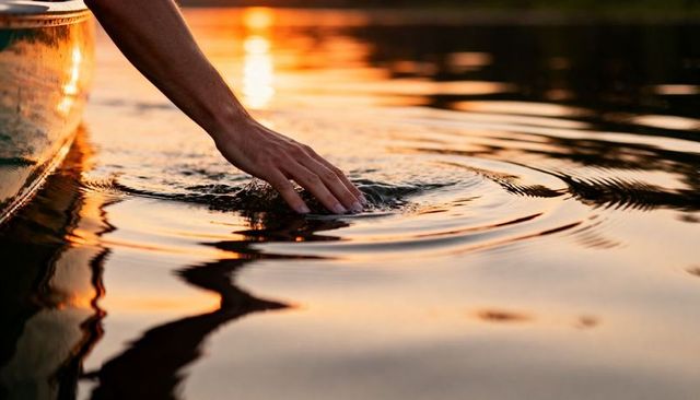 Hand trailing through golden lake water at sunset creating ripples beside canoe hull at dusk