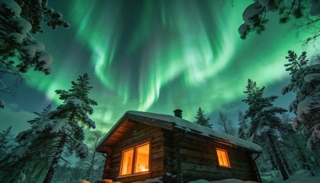 Aurora borealis over snow-covered log cabin in pine forest with warm glowing windows