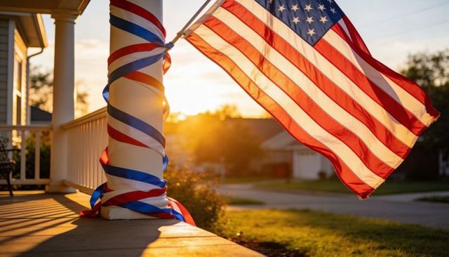 American flag waving on suburban porch at sunset with patriotic red white blue ribbon