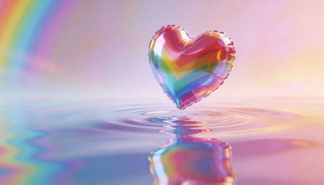 Rainbow chevron heart balloon floating above pastel water with iridescent reflection