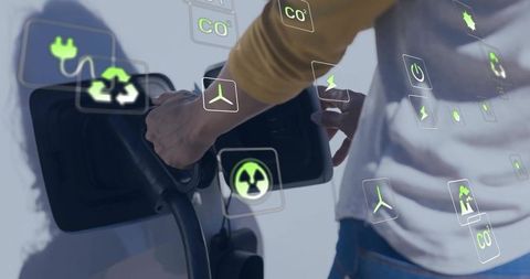 Ev charging on driveway with augmented reality energy icons and smart charging plug system