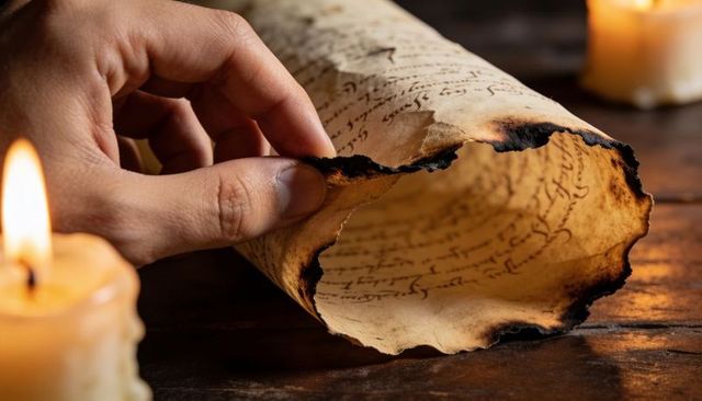 Hand unrolling burnt parchment scroll by candlelight with calligraphy and aged vellum