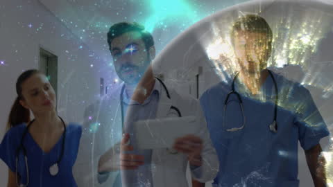 Doctors Discussing Next to Futuristic Digital Globe and Network