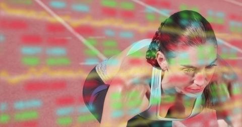 Focused female sprinter launching from red track with vibrant data overlay double exposure