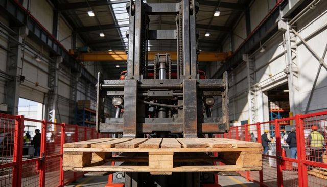 Forklift lifting wooden pallet in industrial warehouse aisle with safety barriers