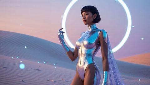 Futuristic woman in serene dune landscape with glowing rings