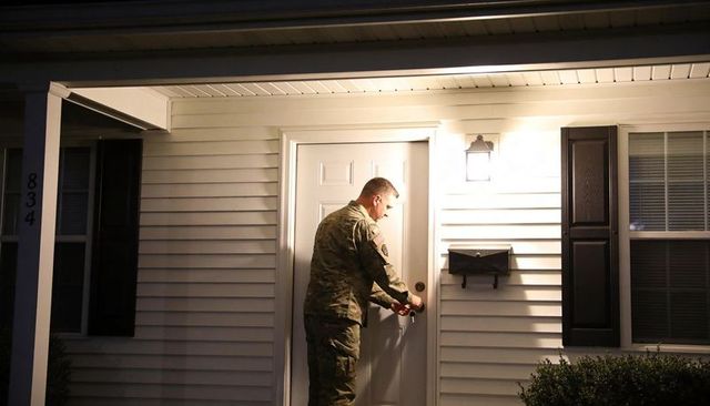 Soldier unlocking suburban front door at night under porch light