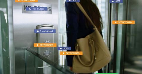 Commuter pressing elevator button with social notification overlays in modern office lobby