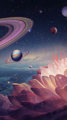 Vertical cosmic fantasy video showing glowing lotus blooming above clouds with ringed planet