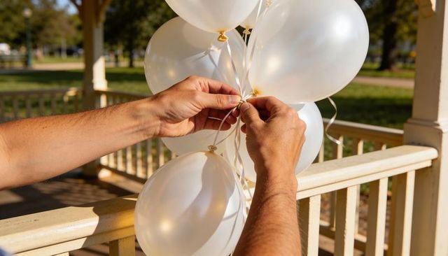 Hands tying pearlescent white balloons on gazebo railing outdoors for elegant celebration