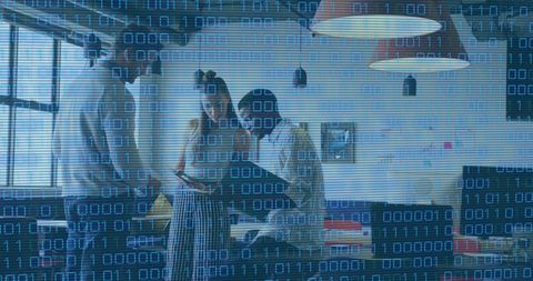 Binary code overlay on diverse team in collaborative work meeting