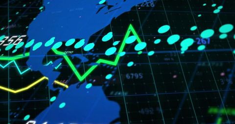 Neon Market Dashboard Showing Green Trend Line and Turquoise Data Markers on Map