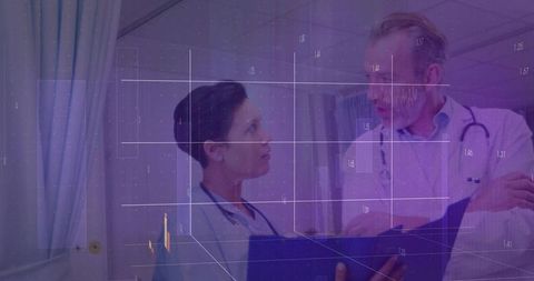 Doctors Collaborating in Hospital with Medical Chart Analysis Overlay