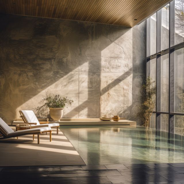 Sunlight on chairs and relaxation pool at modern health spa, created using generative ai technology. Health spa, wellbeing, architectural design and luxury concept digitally generated image.