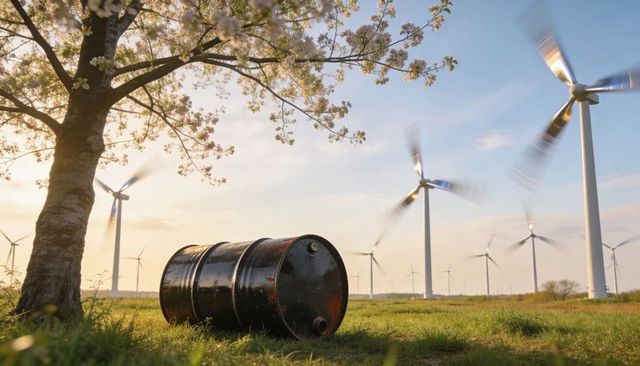 Rusted oil barrel in sunlit meadow with spinning wind turbines and blossom tree